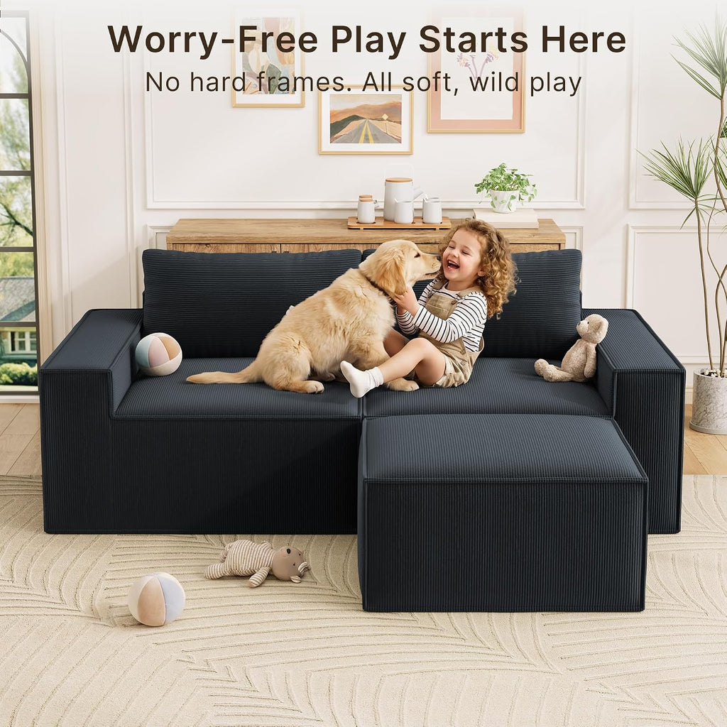 Boneless Cloud Couch, 80" Loveseat Sectional Sofa with Ottoman, Black | Corduroy No Assembly Modular L Shaped Floor Couch for Living Room, Small Space