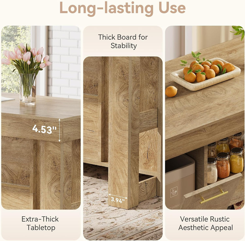 Tribesigns Kitchen Island with Trash Storage Cabinet, 55" Large Prep Table | 2-Tier Shelf, Farmhouse Island Table Furniture for Meal Prep, Dining & Entertaining, Natural Oak Wood, Supports up to 350 lb