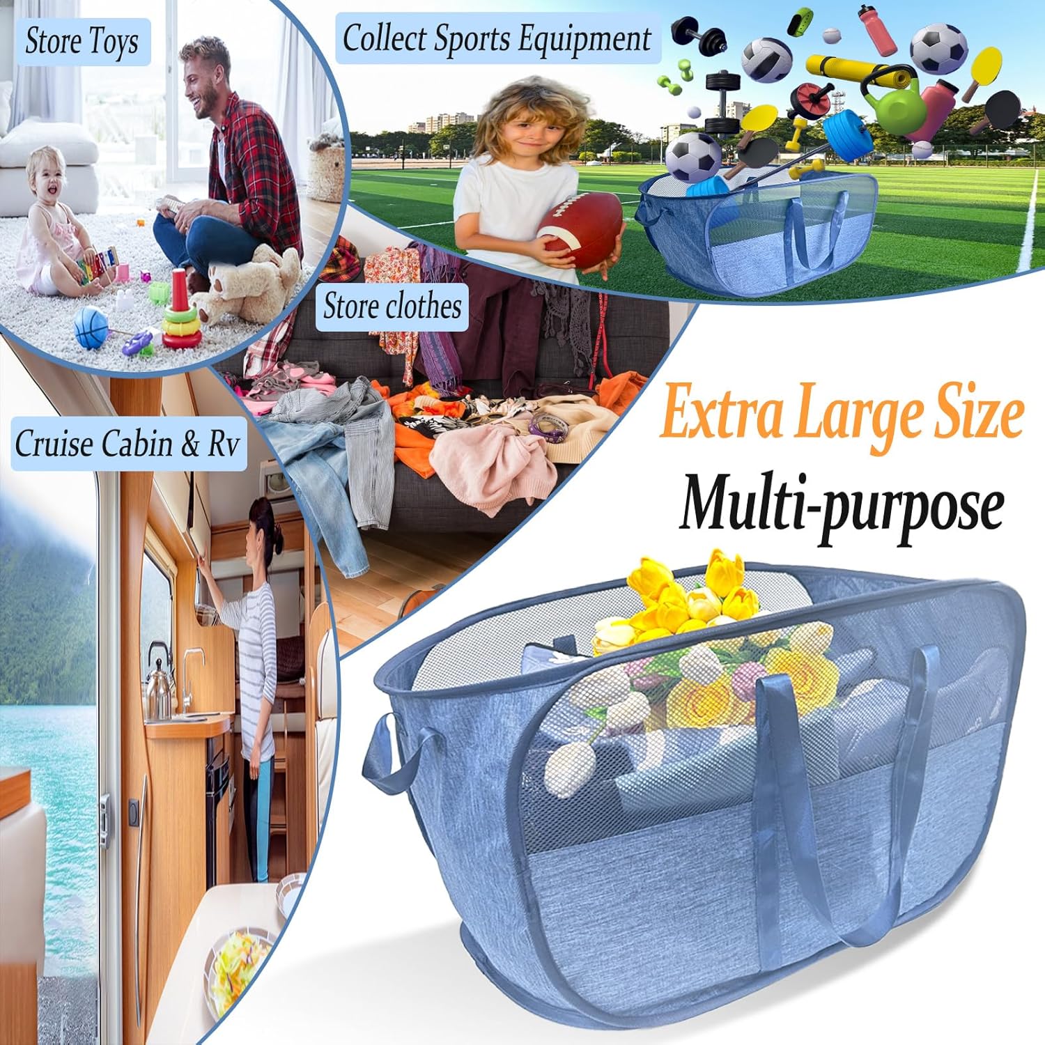 100L Collapsible Laundry Baskets 2 Pack, Extra Large Mesh Pop Up Laundry Hamper, Dirty Clothes Hamper with Reinforced Handles, Folding Hampers for Travel. Dorm or Home Portable Laundry Baskets. Blue