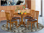 East West Furniture DLAV5-SBR-LC 5 Piece Dining Room Table Set Includes a Round Kitchen Table with Dropleaf and 4 Faux Leather Upholstered Dining Chairs, 42x42 Inch, Saddle Brown