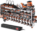 49.8" W Power Tool Organizer Wall Mount with Charging Station, Large Garage Organization with 12 cordless Drill Holder, 4 Layers Tool Organizers and Storage, Tool Rack with 6 Power Strip, Black