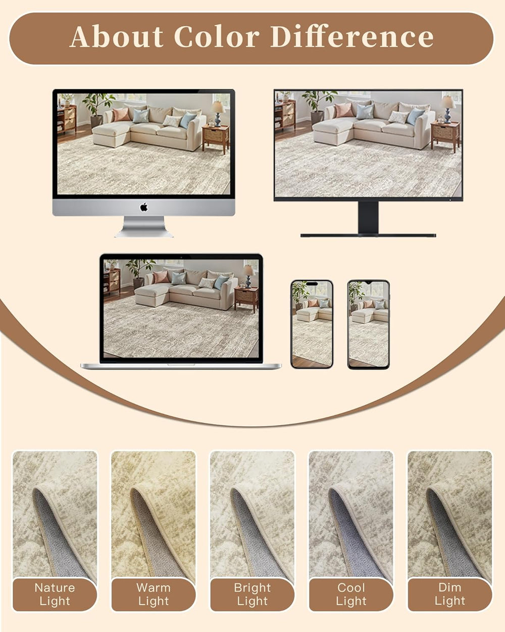 Madane 6x9 Area Rugs for Living Room, Washable Vintage Beige Rug