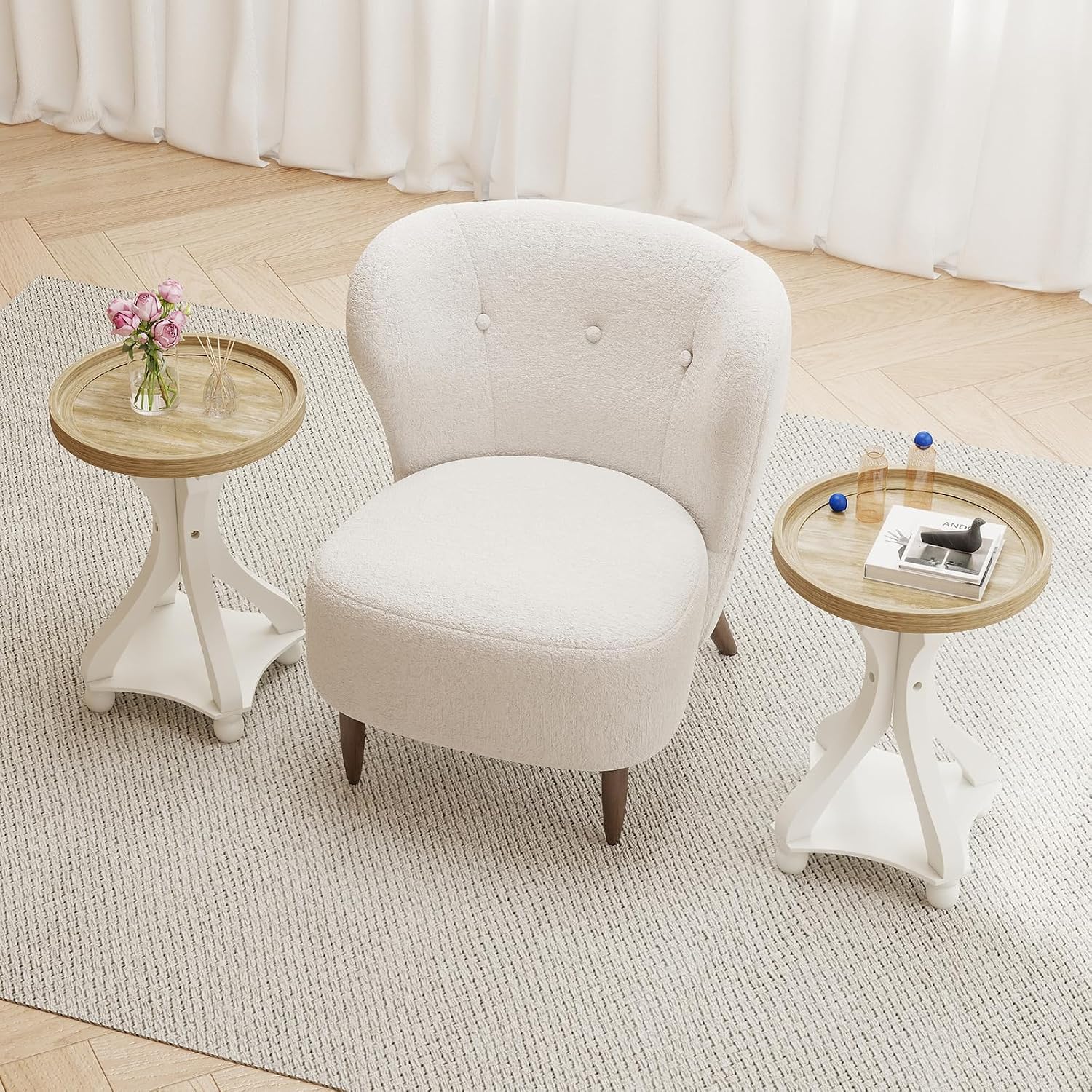 2 PCS Accent Farmhouse End Table, Round Side Table, Tray Top, White