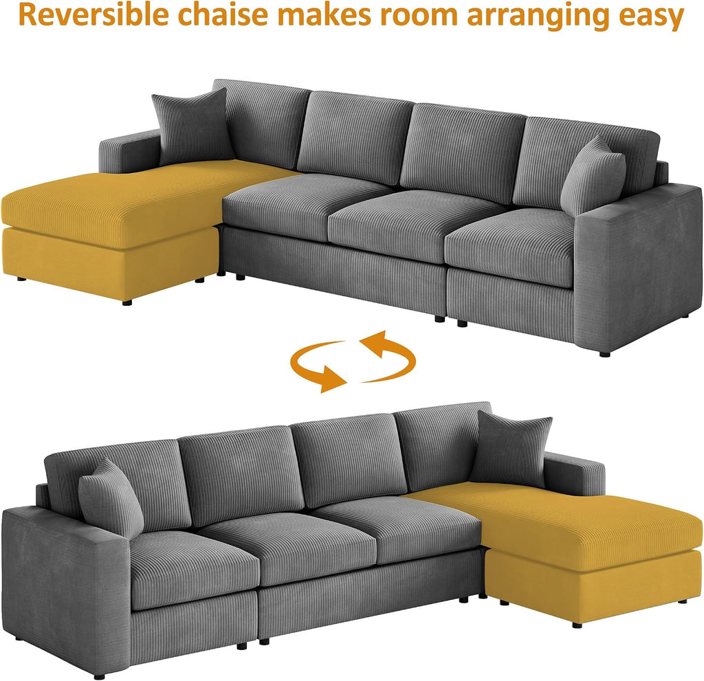119" L-Shaped Sectional Sofa with Reversible Chaise, Modern Corduroy Couch with Deep Seats, 4-Seater Upholstered Sofa for Living Room or Apartment, Dark Grey