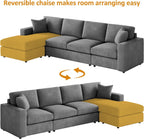 119" L-Shaped Sectional Sofa with Reversible Chaise, Modern Corduroy Couch with Deep Seats, 4-Seater Upholstered Sofa for Living Room or Apartment, Dark Grey