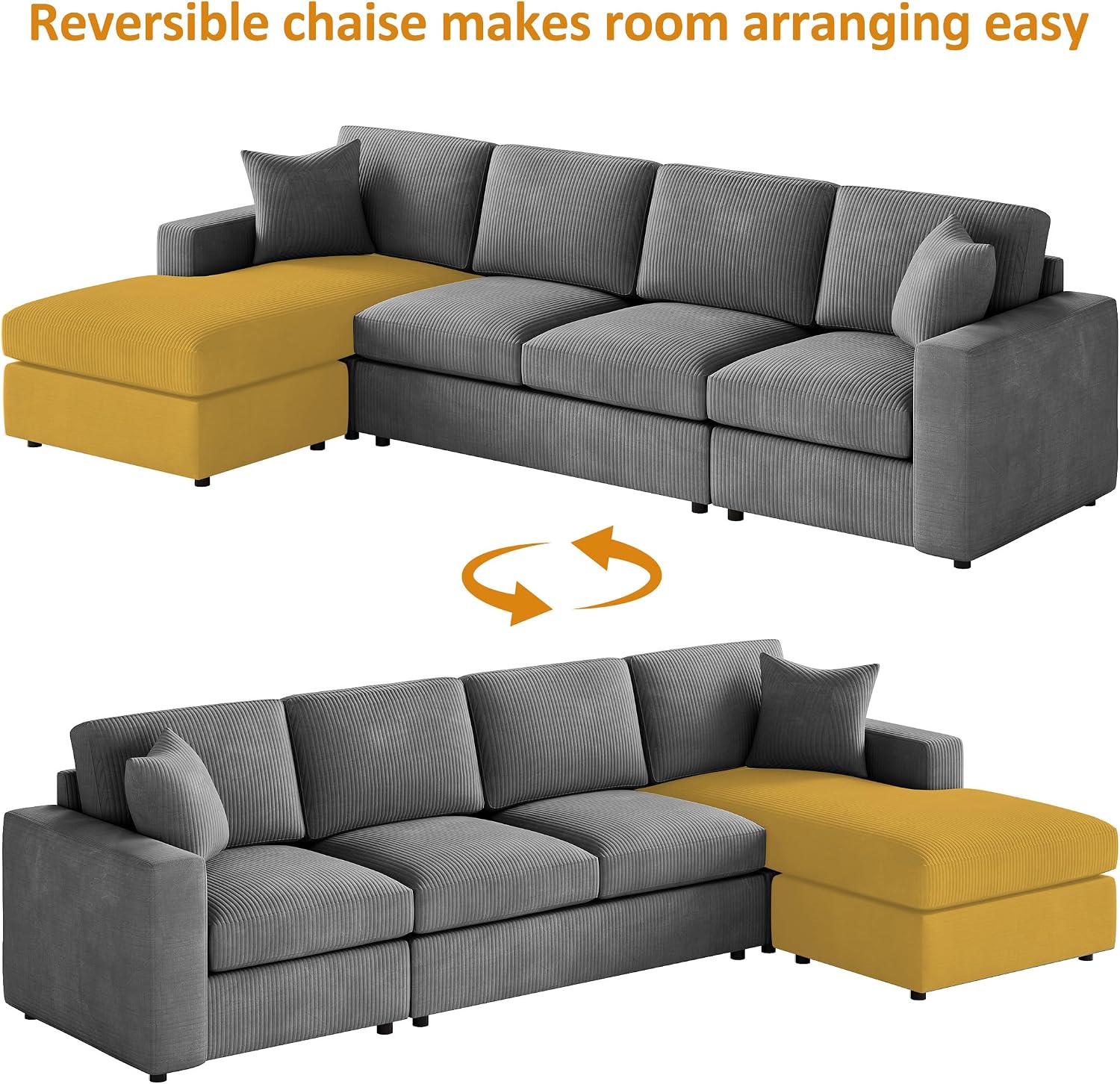 119" L-Shaped Sectional Sofa with Reversible Chaise, Modern Corduroy Couch with Deep Seats, 4-Seater Upholstered Sofa for Living Room or Apartment, Dark Grey