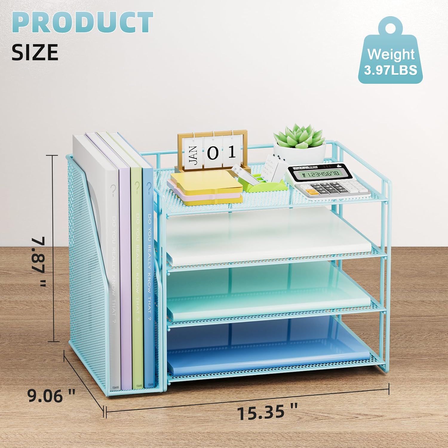 Marbrasse Desk Organizer and Accessories，4-Tier Paper Letter Tray Organizer with File Holder，Desk Accessories & Workspace Desktop Organizers for School Home Office Supplies (Blue)