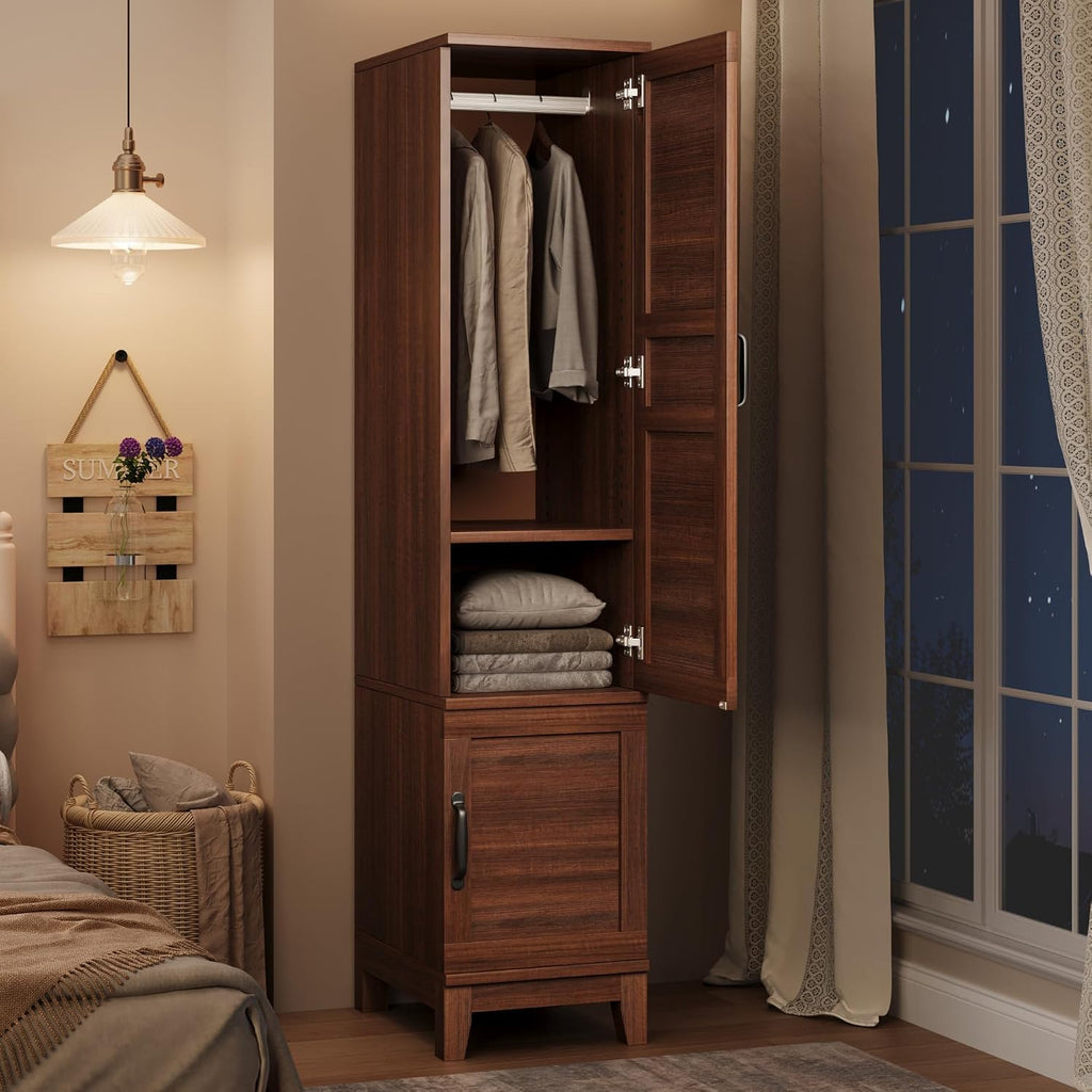 Heavy Duty Wooden Armoire Wardrobe Closet – 2 Doors, 72" Tall, Hanging Rod, 18 Adjustable Shelves, Narrow Bedroom Storage Organizer – Walnut Finish, Brown