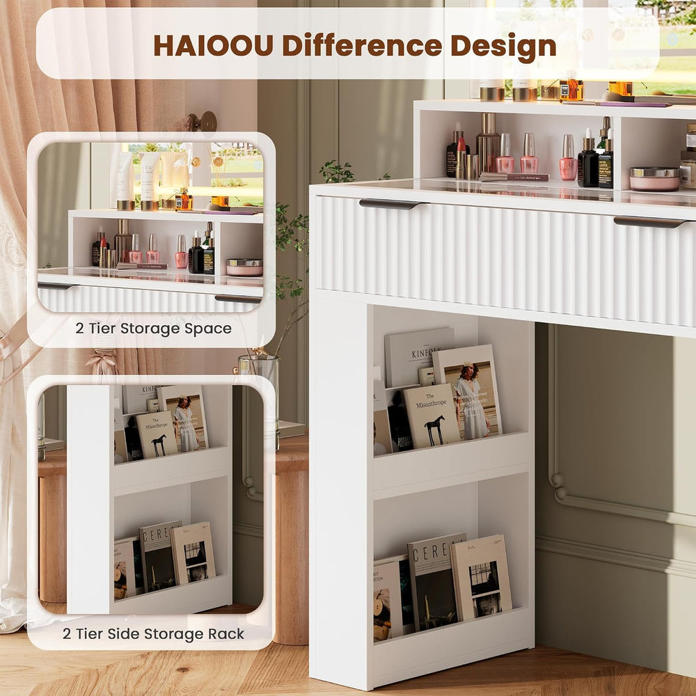 HAIOOU Fluted Makeup Vanity Desk with Mirror and Lights & Charging Statio...