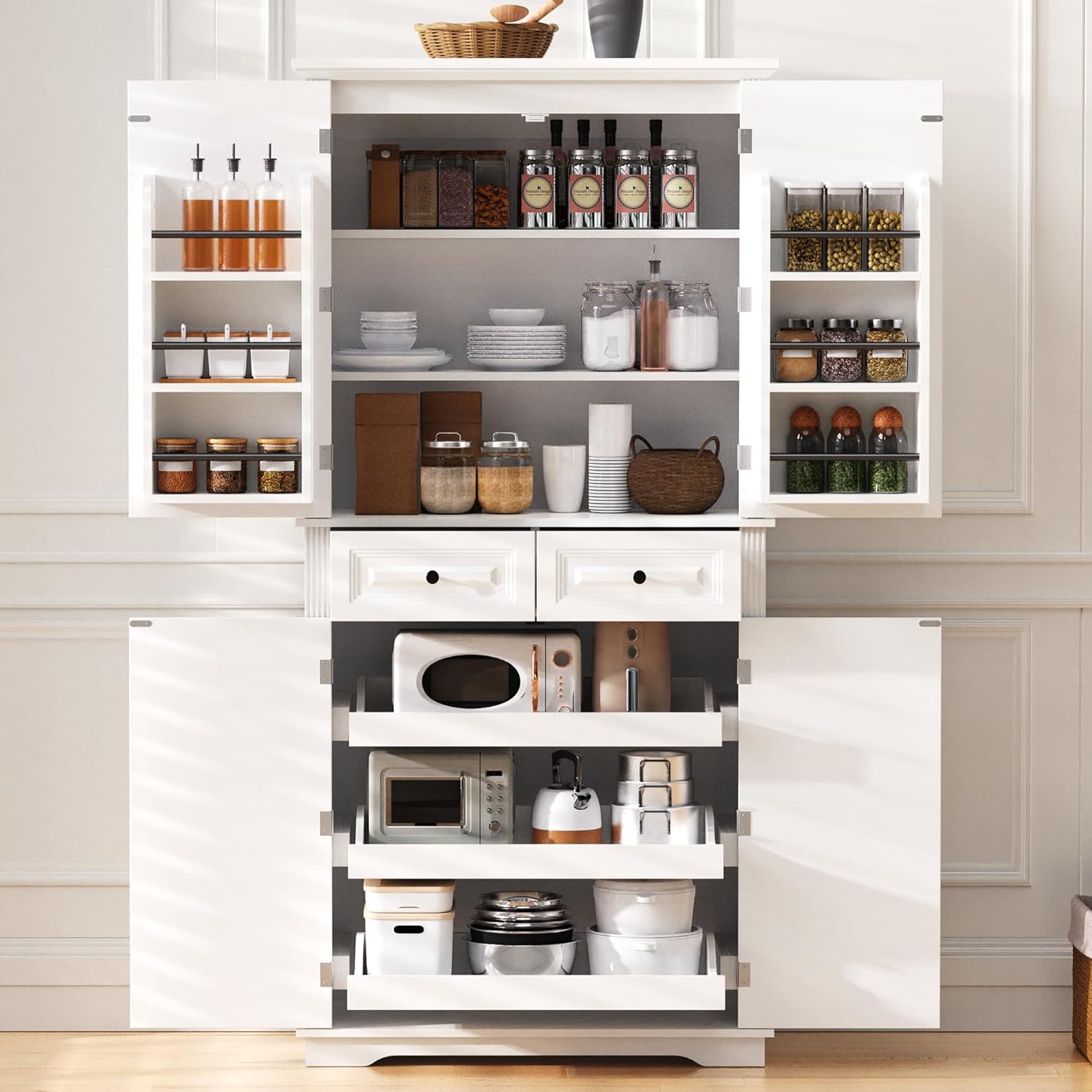 Ball & Cast 71" Farmhouse Kitchen Pantry Cabinet with 3 Pull-Out Organizers, Tall Storage Cabinet with 4 Doors, 2 Drawers, 6 Door Shelves & Adjustable Shelves, Freestanding Cupboard, White