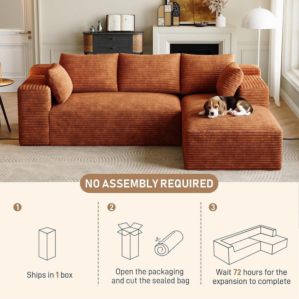 ONEMMLION 96" L-Shaped Cloud Boneless Couch Sofa with Chaise, Orange | Corduroy Comfy Fluffy Modular Deep Seat Memory Foam Compressed Sectional Sofa for Living Room Oversized Right Facing Chaise