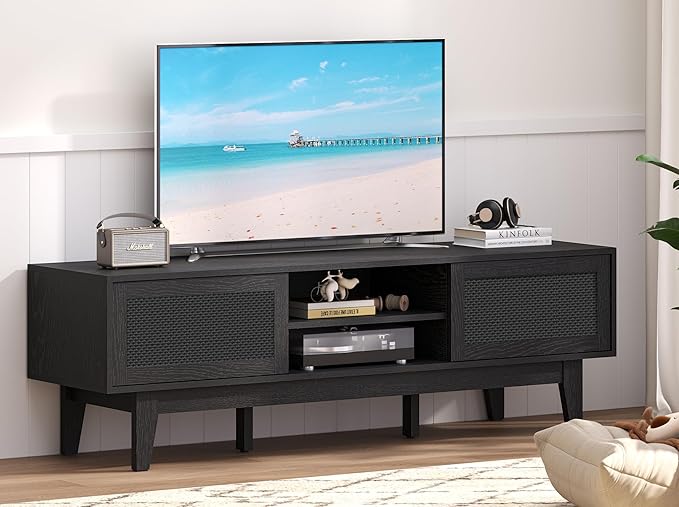 Boho TV Stand for 55 65 Inch TV, Rattan Entertainment Center with Shelves, Cabinets and Sliding Doors, TV Media Console Table with Solid Wood Feet & Cord Holes for Living Room, Bedroom, Black