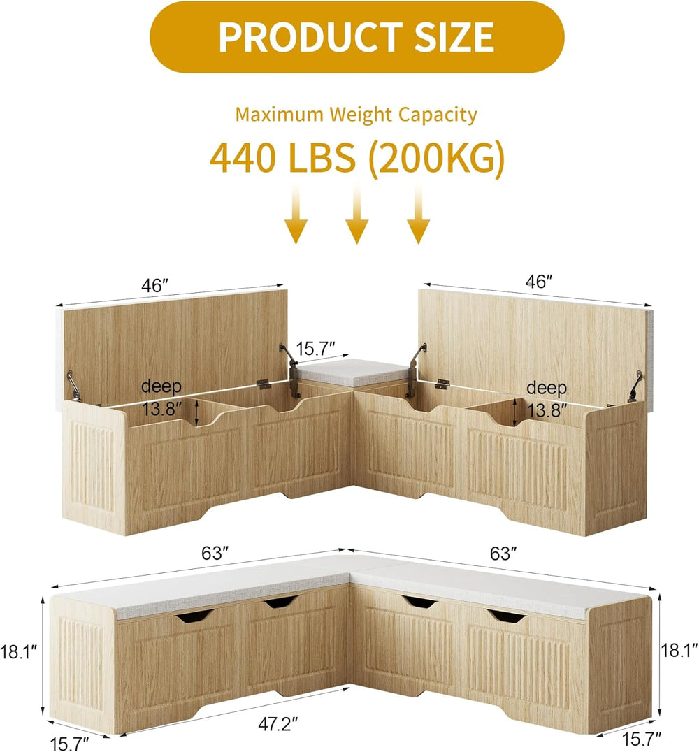 L Shaped Corner Storage Bench with Cushion, Kitchen Breakfast Nook Bench with...