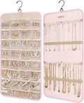 BAGSMART Hanging Jewelry Organizer Storage Roll with Hanger Metal Hooks Double-Sided Jewelry Holder for Earrings, Necklaces, Rings on Closet, Wall, Door, 1 piece, Medium, Pink