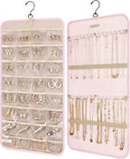 BAGSMART Hanging Jewelry Organizer Storage Roll with Hanger Metal Hooks Double-Sided Jewelry Holder for Earrings, Necklaces, Rings on Closet, Wall, Door, 1 piece, Medium, Pink