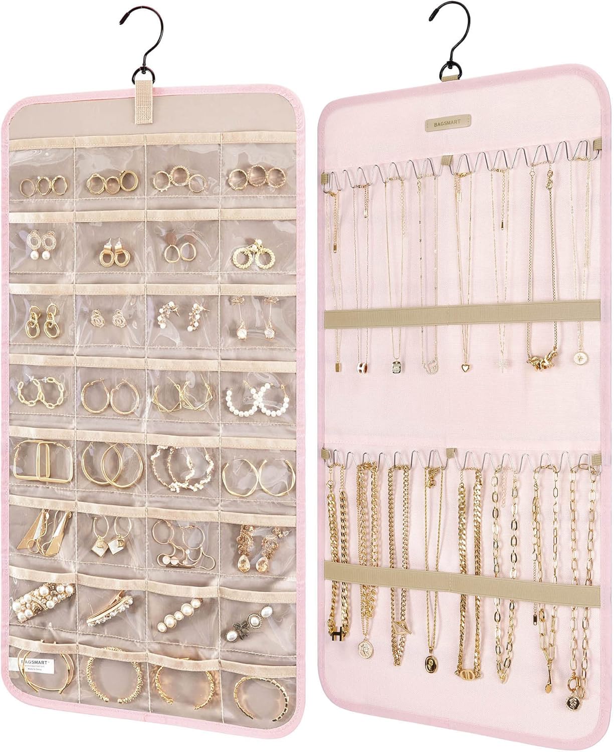 BAGSMART Hanging Jewelry Organizer Storage Roll with Hanger Metal Hooks Double-Sided Jewelry Holder for Earrings, Necklaces, Rings on Closet, Wall, Door, 1 piece, Medium, Pink