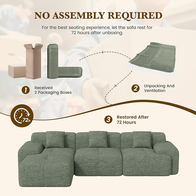 122" L Shaped Convertible Modular Couch, Cloud Couch Sectional with Ottoman, 4-Seater Chenille Boneless Couches for Living Room, Apartment, No Assembly, Green 1PCS