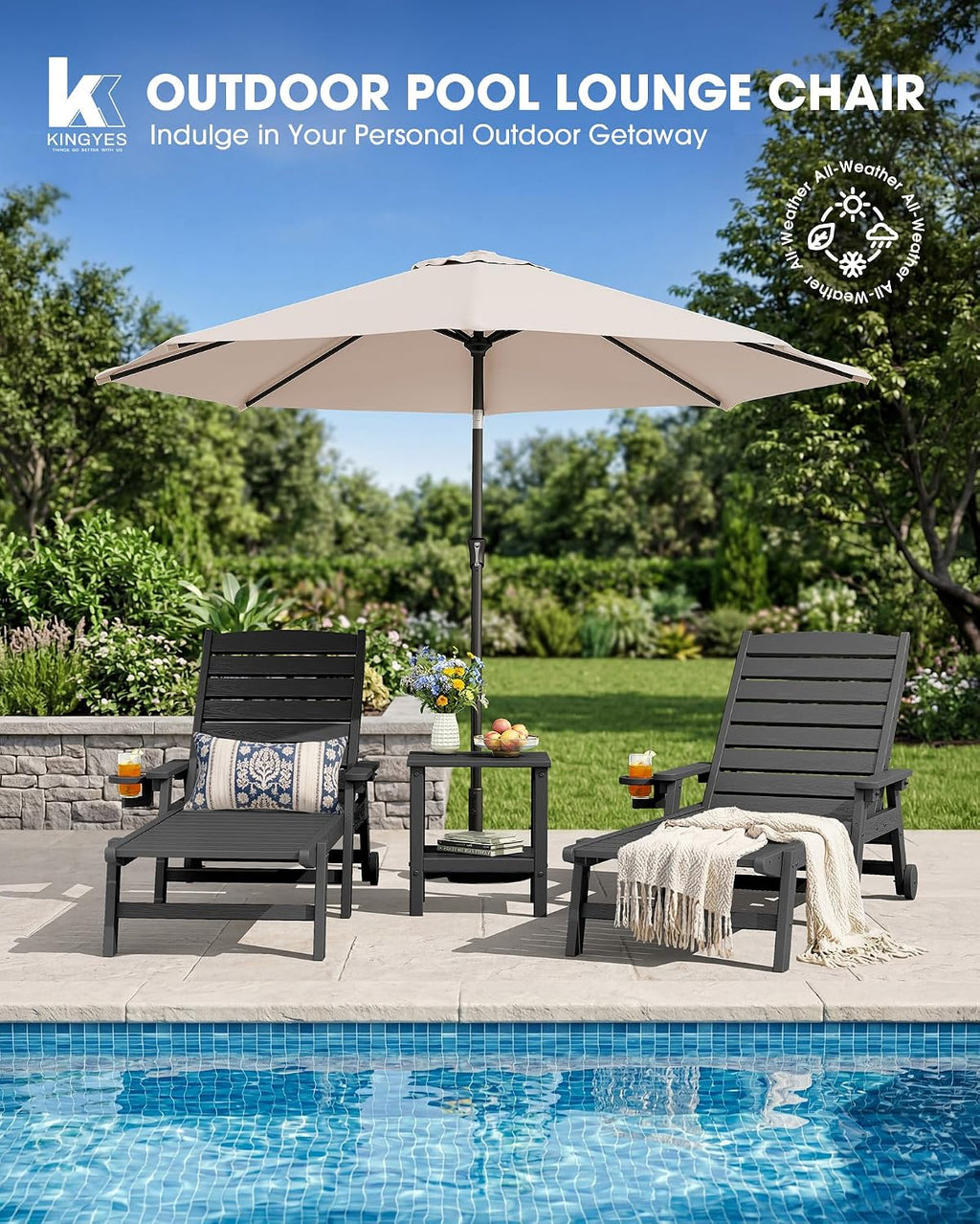 KINGYES HDPE Lounge Chair Outdoor Set of 2, All Weather Pool Lounger | 5 Position Adjustable Backrest Patio Chaise Lounge with Cup Holder for Outside, Gray
