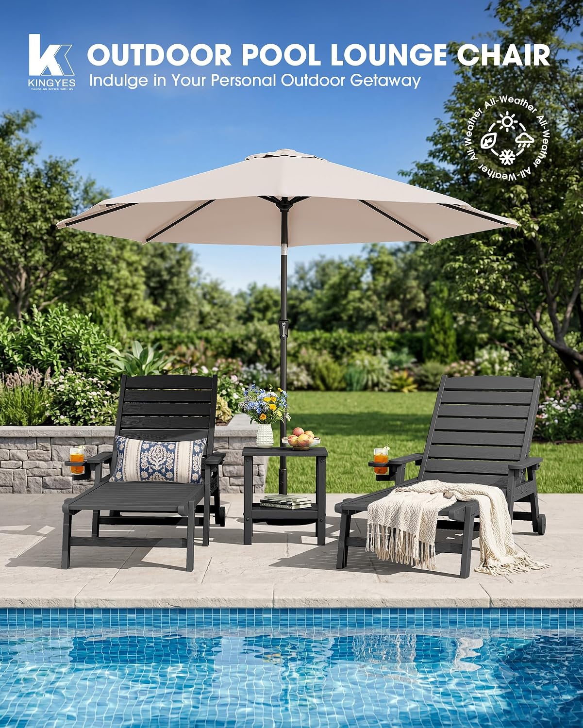 KINGYES HDPE Lounge Chair Outdoor Set of 2, All Weather Pool Lounger | 5 Position Adjustable Backrest Patio Chaise Lounge with Cup Holder for Outside, Gray