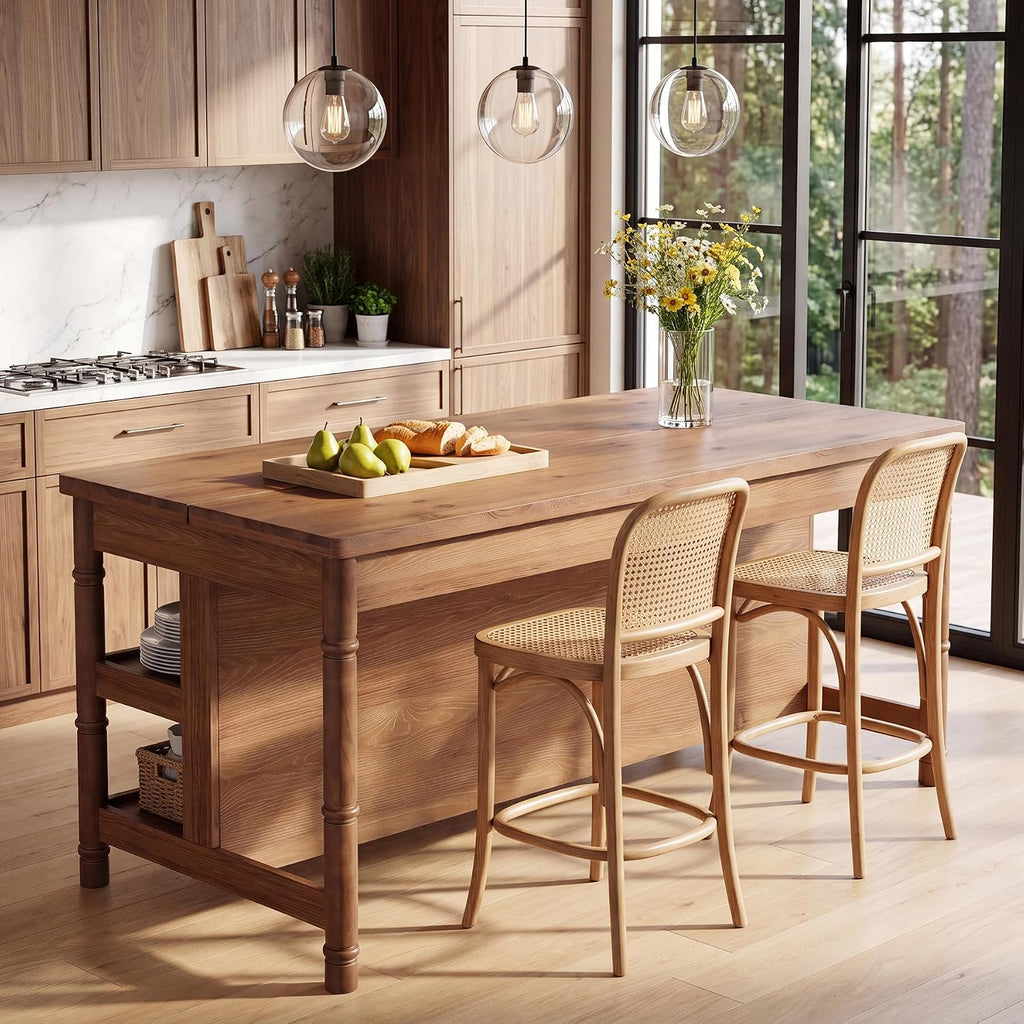 63" Solid Wood Kitchen Island Table with Storage & Seating | Three-Tier Storage, Full-Length Open Shelves, Counter Stool Compatible, Elegant Turned Legs, Farmhouse Style