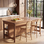63" Solid Wood Kitchen Island Table with Storage & Seating | Three-Tier Storage, Full-Length Open Shelves, Counter Stool Compatible, Elegant Turned Legs, Farmhouse Style