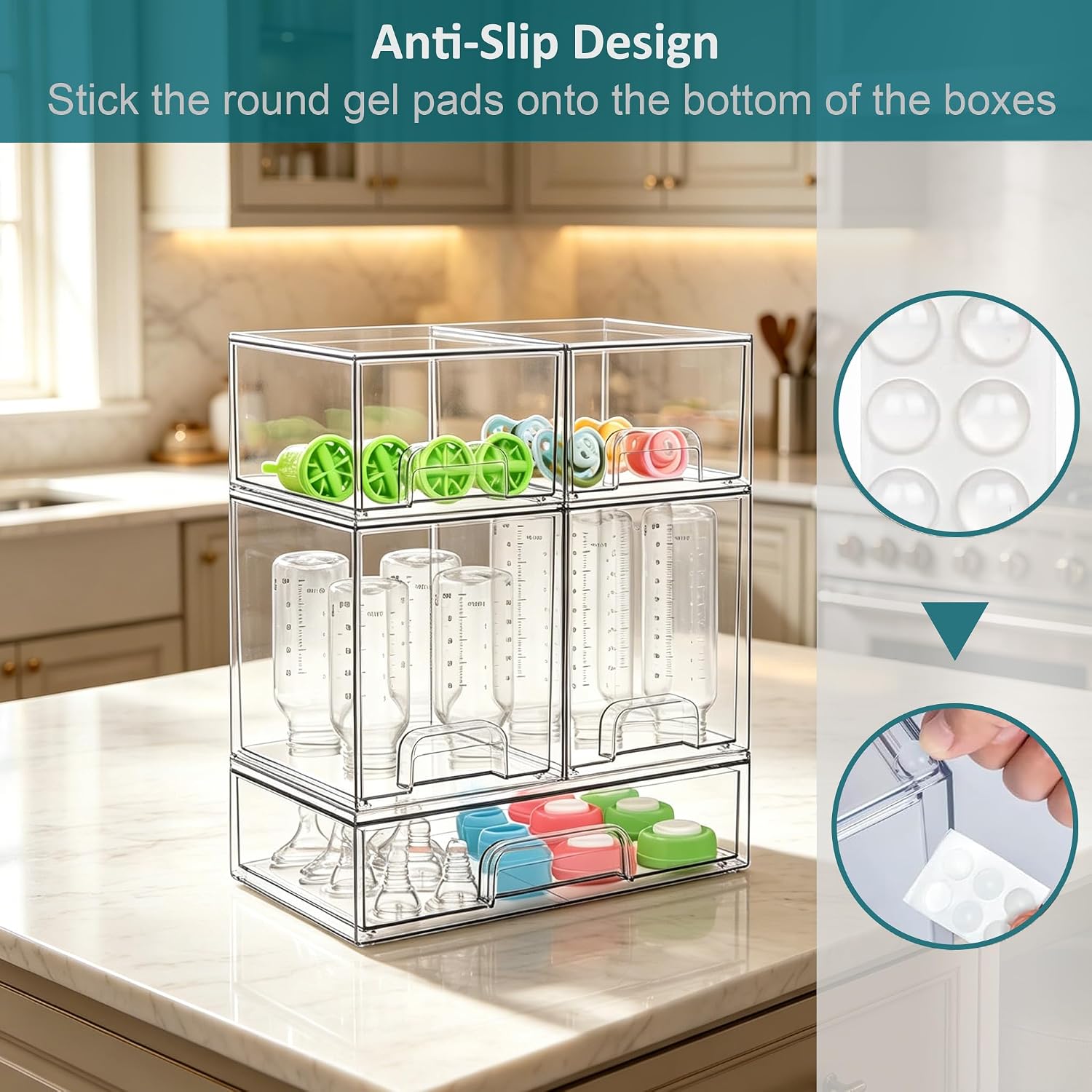Baby Bottle Organizer for Countertop Food-grade Acrylic Storage for Cabinet | Set of 5 Clear Stackable Organizers with Drawers for Bottles, Plastic Baby Station Organization for Pacifiers, Pump Parts