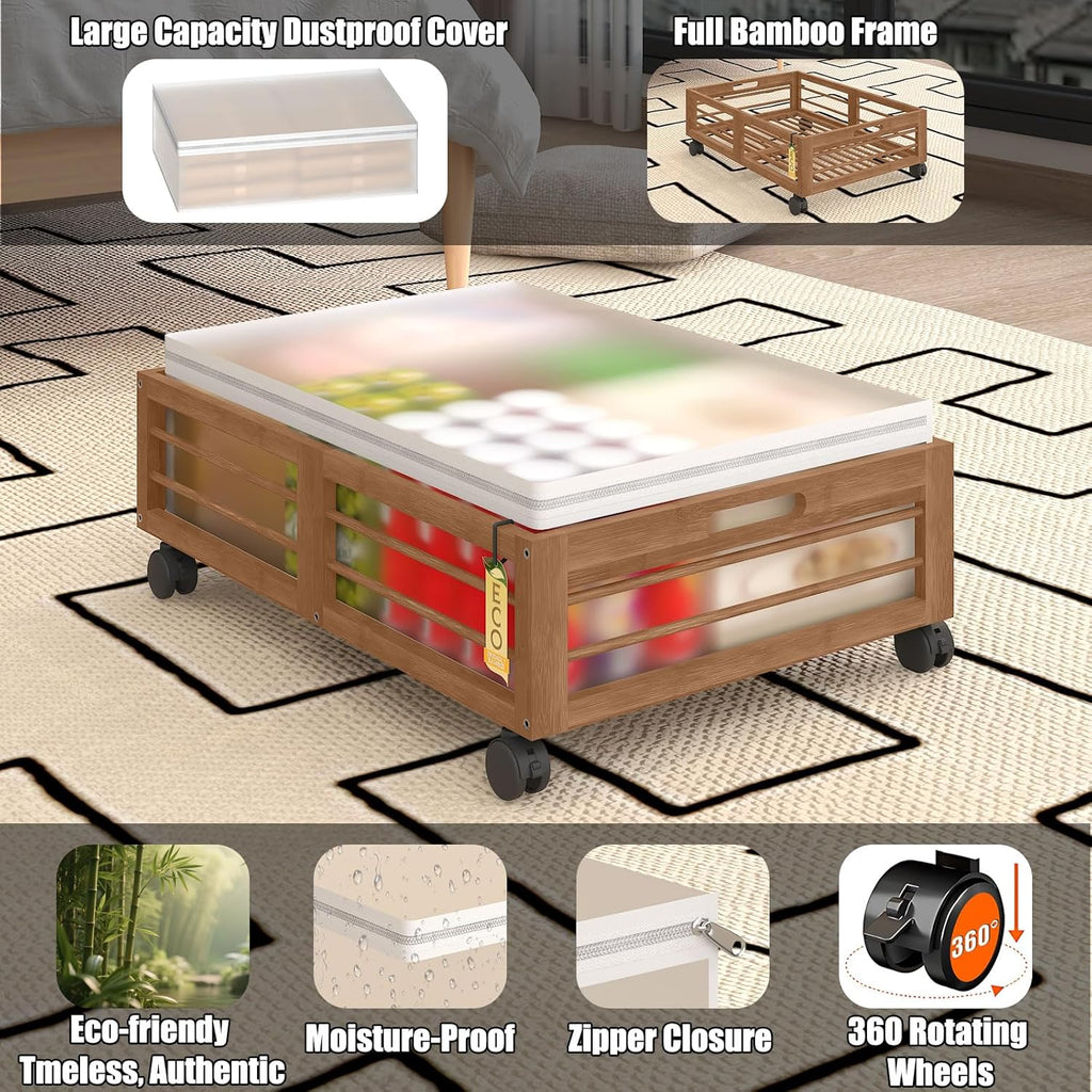 Bamboo Underbed Storage Containers with Wheels & Bag 2 Pack, Large Under Bed Rolling Storage Bins Wood Under Bed Clothes Storage Stackable Drawers for Bedroom Closet Under Crib Toy(Walnut)
