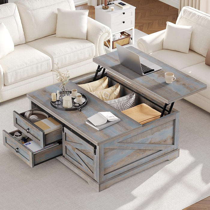 Itaar 39.4'' Lift Top Coffee Table with Storage, Farmhouse Coffee Tables for Living Room, Square Coffee Table with Large Hodden Compartment & 2 Drawrs & Adjustables Shelves (Blue)