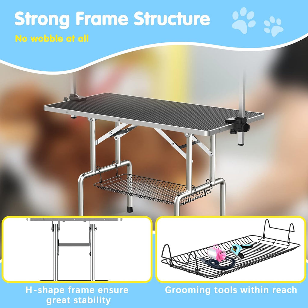 Lyromix 46''Large Dog Grooming Table, Adjustable Cat Drying Desktop with Arms, Nooses, Mesh Tray, Foldable Pet Station at Home, Maximum Capacity Up to 330Lb, 46inch, Black, 46in