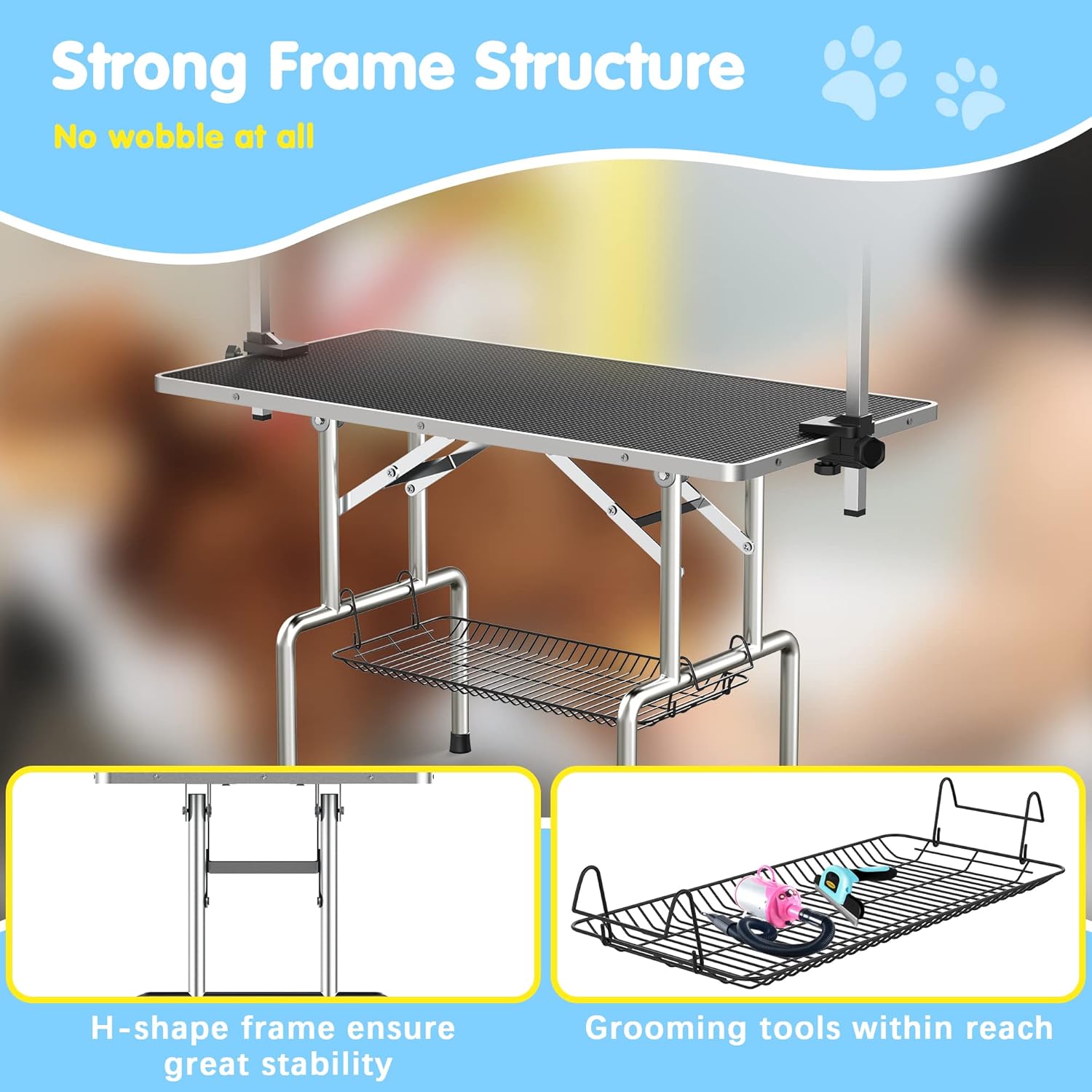 Lyromix 46''Large Dog Grooming Table, Adjustable Cat Drying Desktop with Arms, Nooses, Mesh Tray, Foldable Pet Station at Home, Maximum Capacity Up to 330Lb, 46inch, Black, 46in