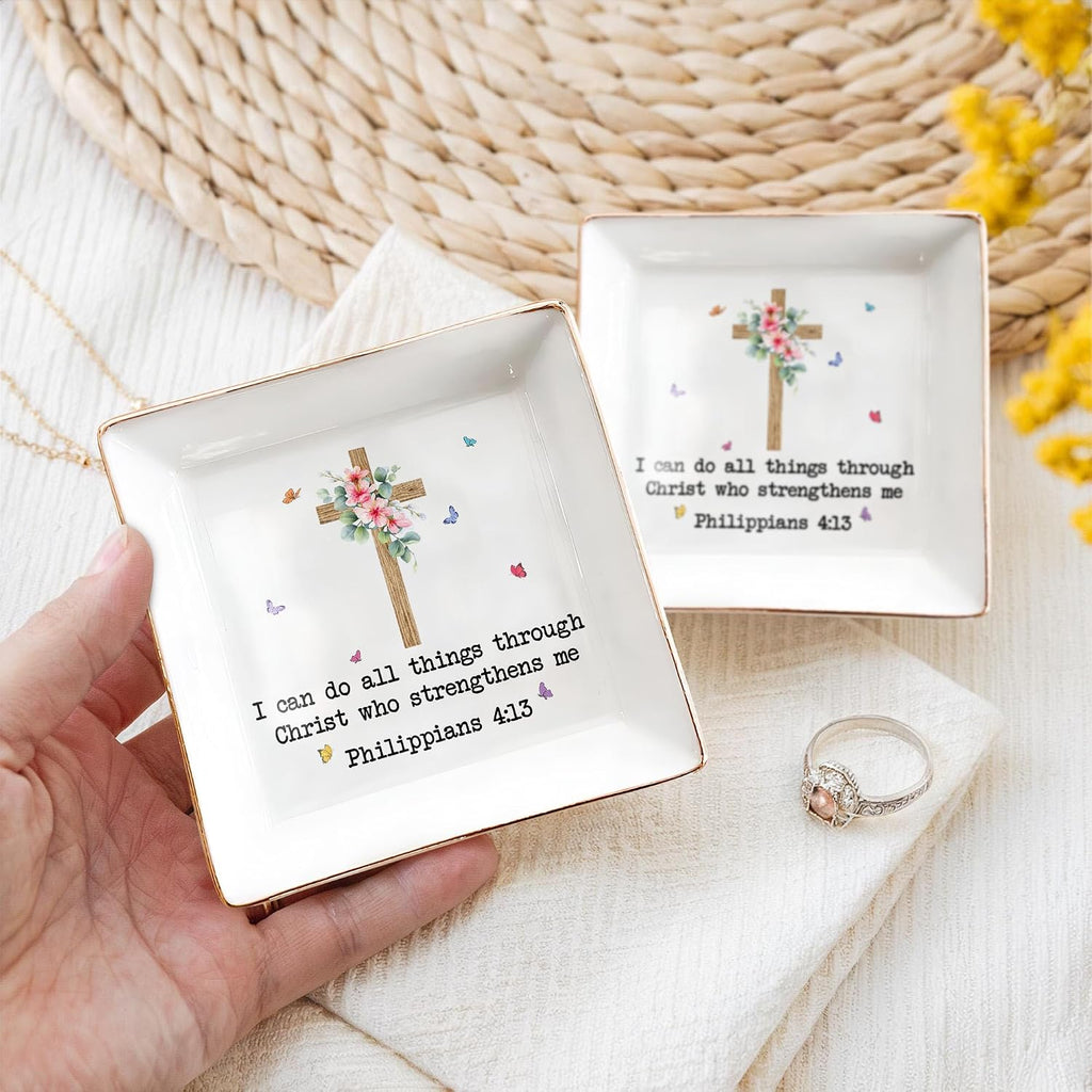 Inspirational Bible Verse Jewelry Dish,4" Ceramic Jewelry Tray Christian Gifts for Women, Religious Gifts for Mom, Daughter, Sister, Friends - Birthday, Confirmation, Catholic Gift for Her, Teen Girls