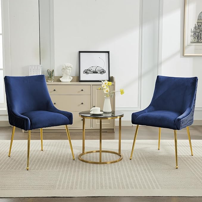 Velvet Dining Chairs Set of 2 Gold Legs,Upholstered Velvet Accent Chairs, Pleated Back Design & Gold Pull Handle, Mid Century Modern Chairs for Dining/Kitchen/Living Room,Blue