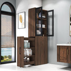 Ultra-Slim 70.87" H Display Storage Cabinet w/ 4-Tier Pull-Out Multi-Functional Shelves & 2 Glass Doors – Modern Wooden Kitchen Pantry Cabinet for Living/Dining/Kitchen – Space-Saving Design (Walnut)