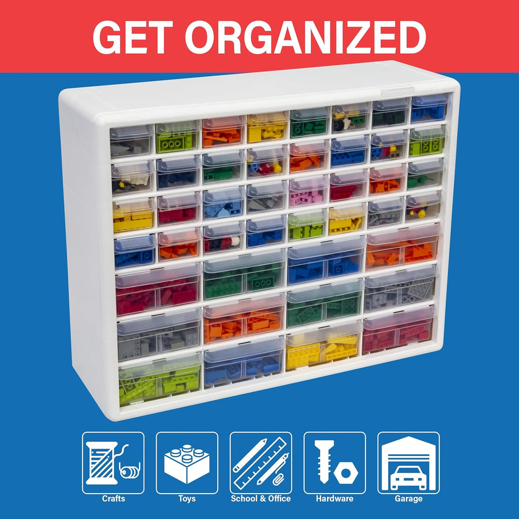 Akro-Mils 44-Drawer Plastic Drawer Storage Cabinet for Garage Organization, Bead Organizer, Building Bricks Storage, Teacher Toolbox, Makeup Organizer, 20" W x 6" D x 16" H, 10144 White