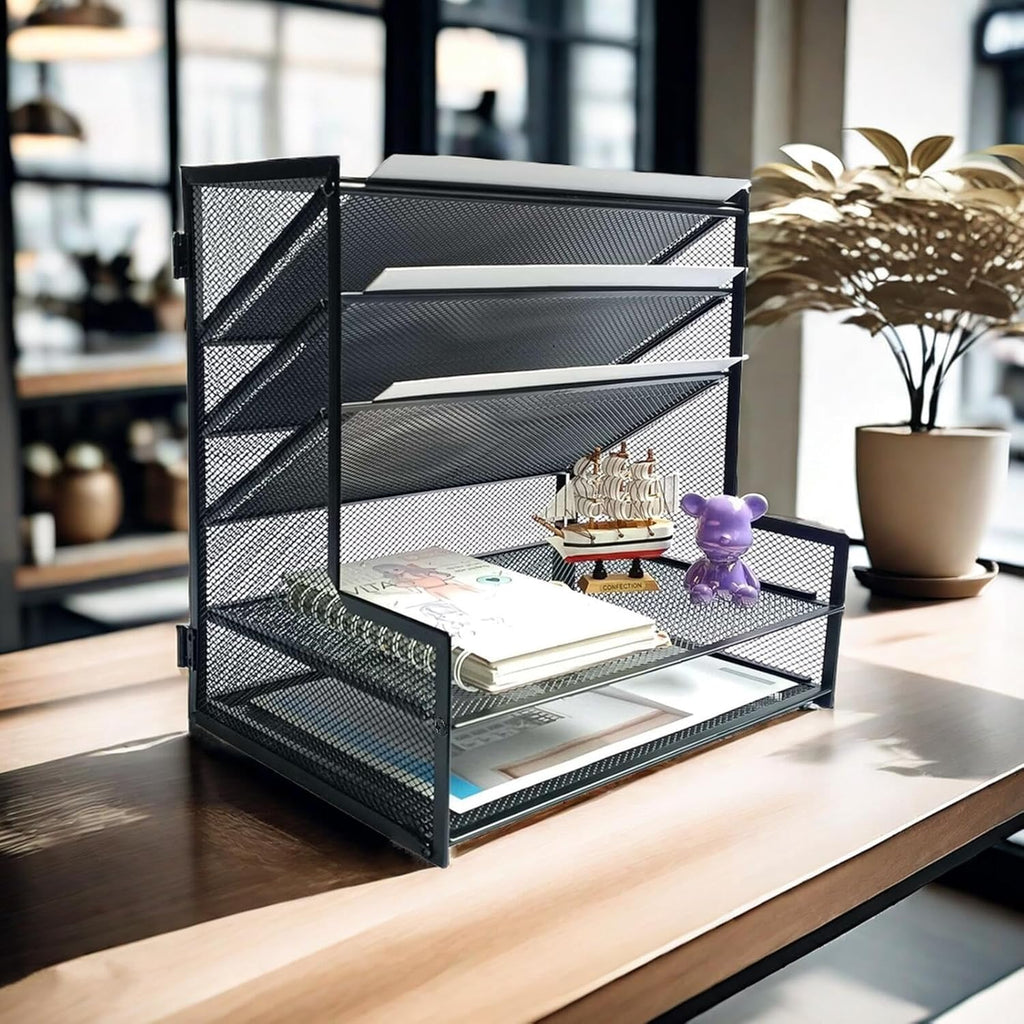 SETTFRFE Office Supplies Desk Organizer,Metal Desktop File Holder Organizer with 5 Tier Paper Tray,Black