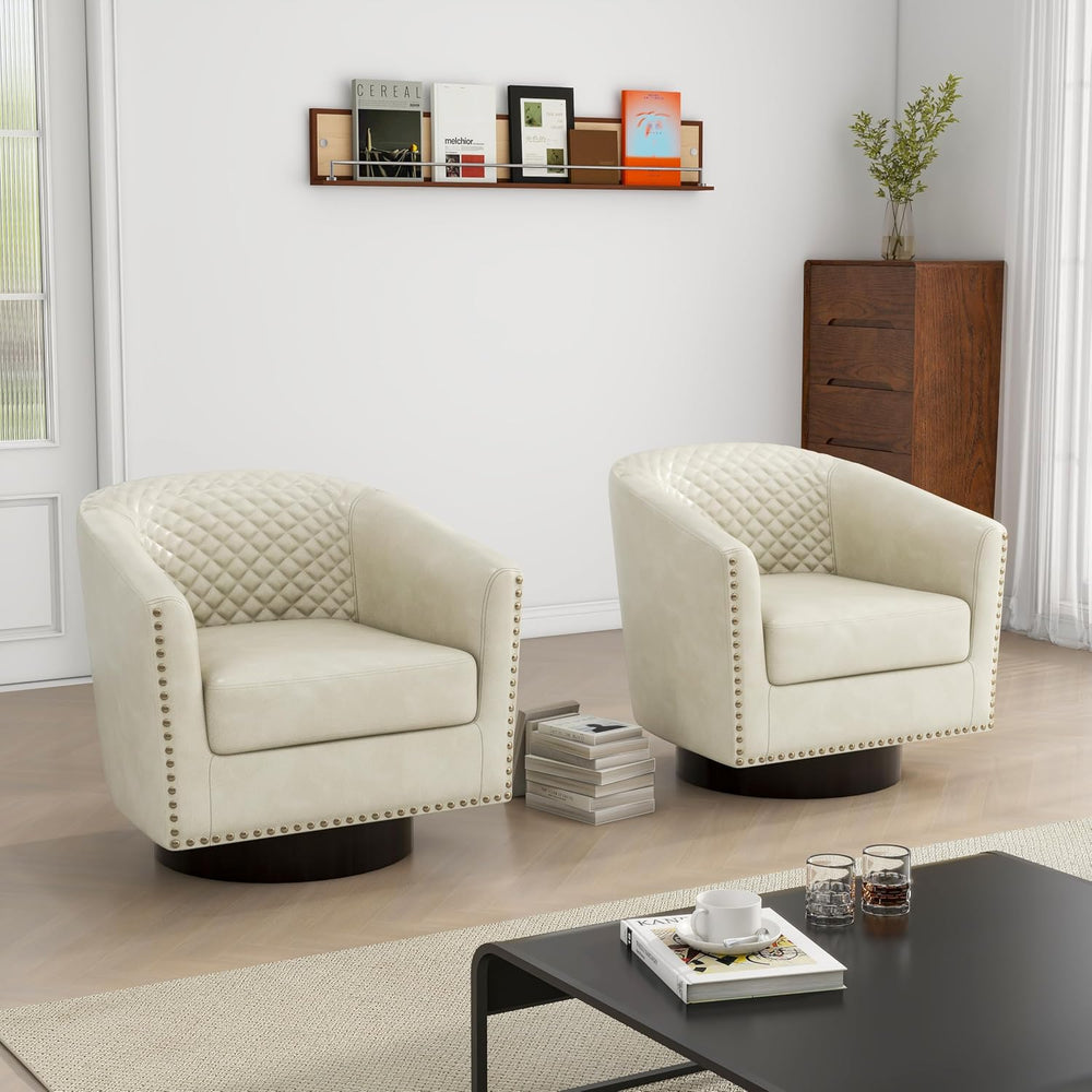 Swivel Barrel Accent Chair Set of 2, Comfy Modern Upholstered Round Faux Leat...