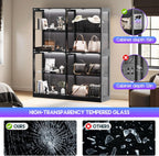 AMERLIFE RGB Display Cabinet with Adjustable Glass Shelves, 4-Tier Storage Case with LED Lights & Press-to-Open Doors, Modern Display Shelf for Collectibles, Black 70" H×60" L×16" D
