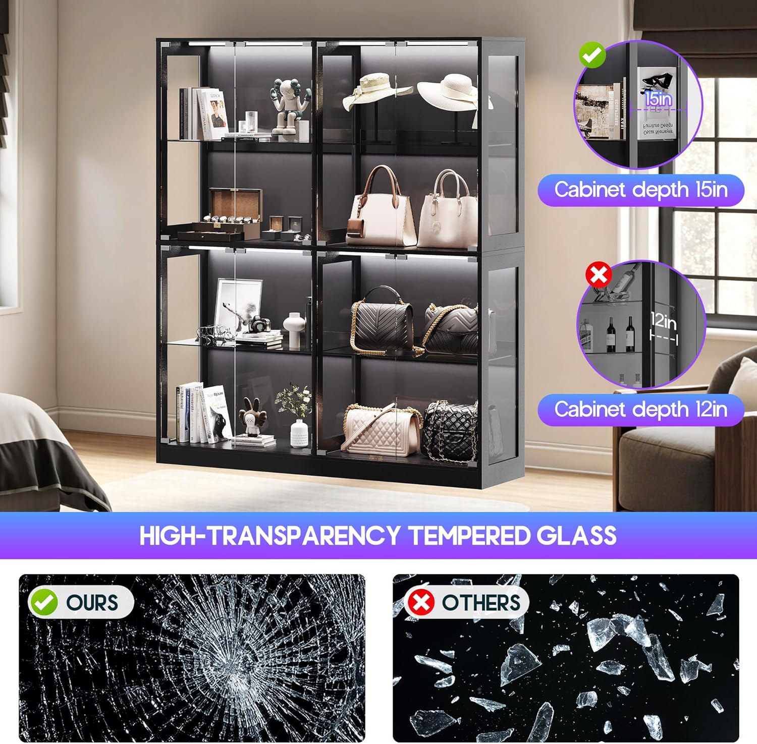 AMERLIFE RGB Display Cabinet with Adjustable Glass Shelves, 4-Tier Storage Case with LED Lights & Press-to-Open Doors, Modern Display Shelf for Collectibles, Black 70" H×60" L×16" D