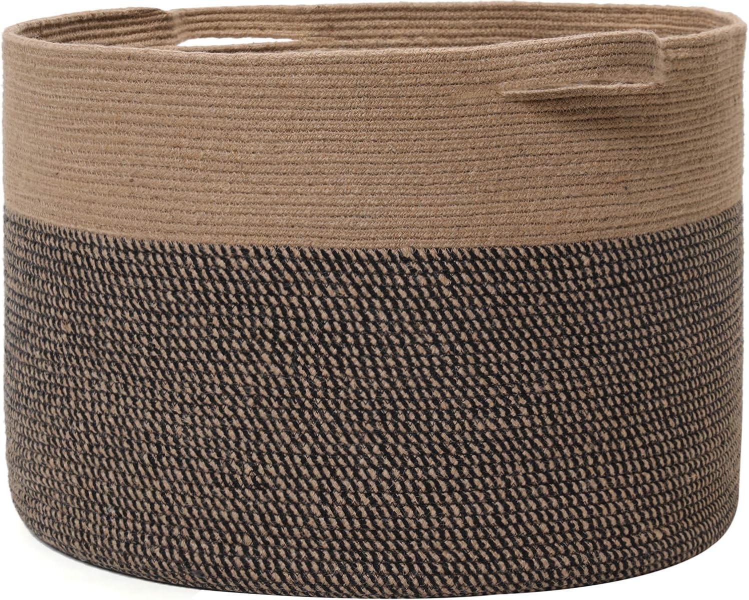 24x24x17 Inch Extra Large Round Blanket Basket for Living Room, Open Woven Cotton Rope Storage Basket, Jumbo Bin for Bedroom Playroom, Jute & Black Mix
