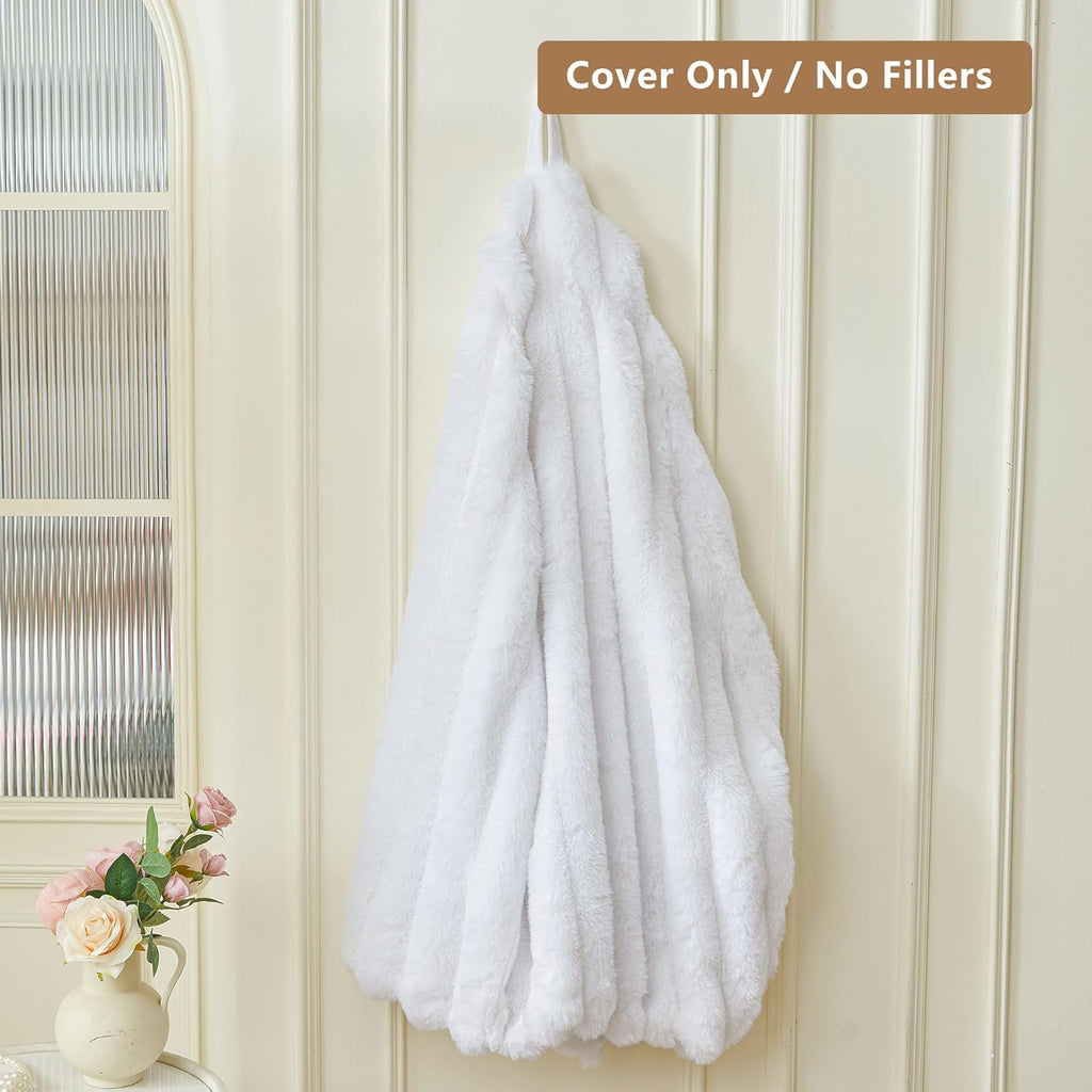 MEGO Fluffy Faux Rabbit Fur Bean Bag Chair Cover(No Filler), Soft Plush Fuzzy Striped Stuffed Animal Storage Bean Bag, 3FT Large Furry Ribbed Beanbag Cover for Bedroom Living Room, Anti-Slip, White
