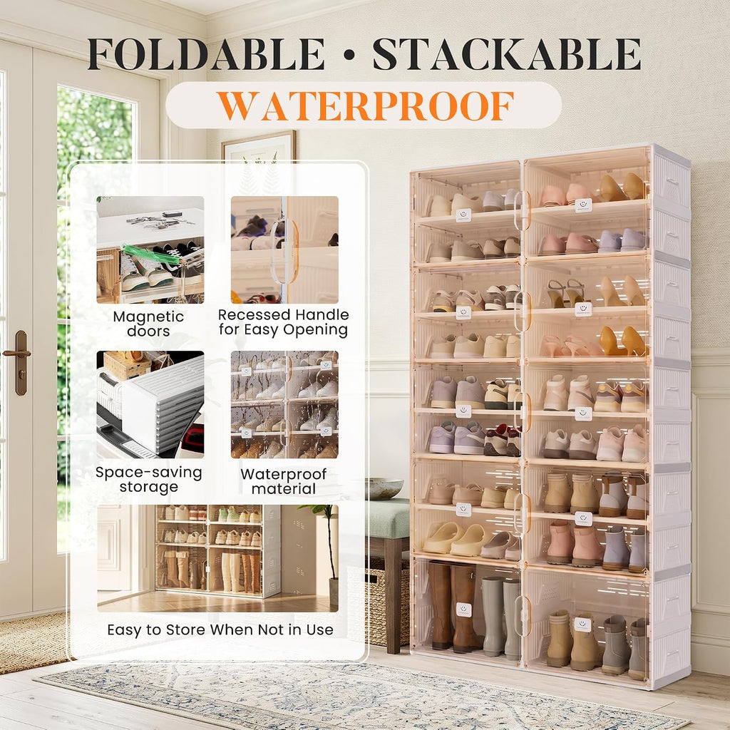 Foldable Shoe Rack Organizer for Entryway with Clear Magnetic Doors - Large Capacity Shoe Cabinet for Boots, Sneakers & All Shoes, Easy Assembly, White 9-Tier 36 Pairs