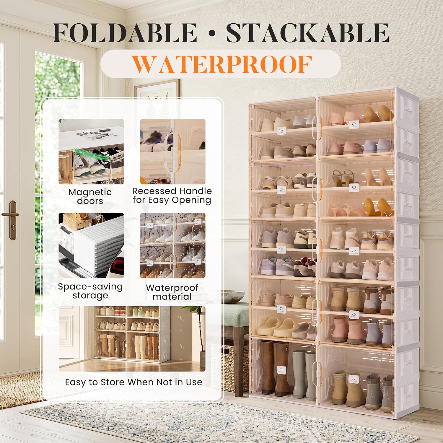 Foldable Shoe Rack Organizer for Entryway with Clear Magnetic Doors - Large Capacity Shoe Cabinet for Boots, Sneakers & All Shoes, Easy Assembly, White 9-Tier 36 Pairs