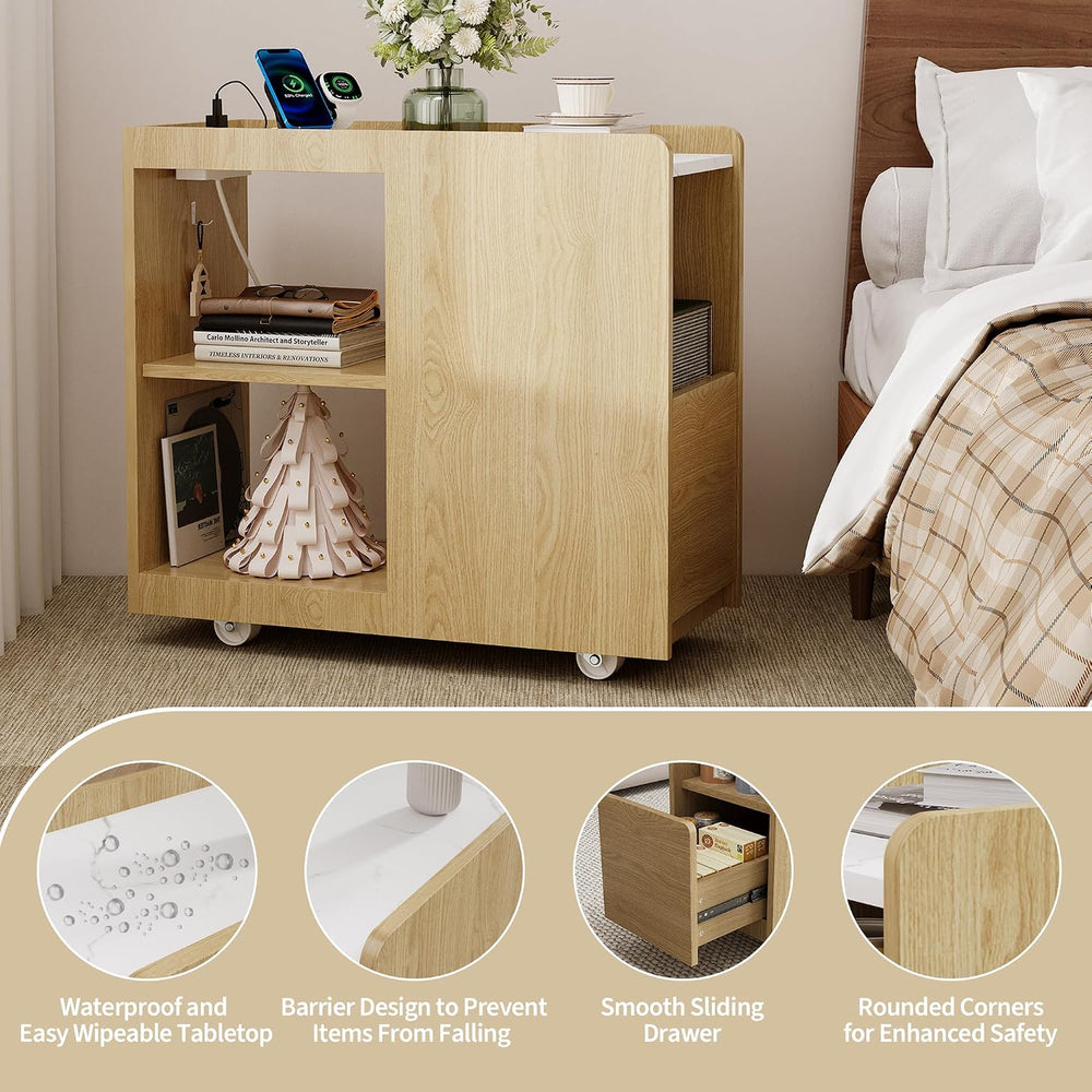 End Table with Charging Station, Mobile Side Table with Drawer, 3-Level Adjus...