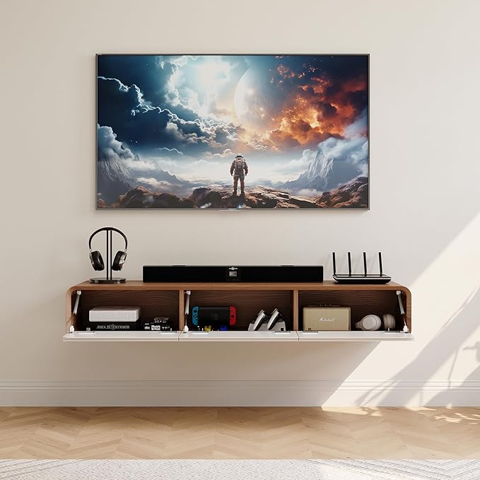 POVISON Fully Assembled Floating TV Stand with Flip-Down Cabinet Doors, 63" Walnut and White Floating Media Console, Solid Wood Floating Entertainment Center, Minimalist TV Stand
