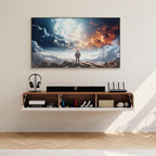 POVISON Fully Assembled Floating TV Stand with Flip-Down Cabinet Doors, 63" Walnut and White Floating Media Console, Solid Wood Floating Entertainment Center, Minimalist TV Stand