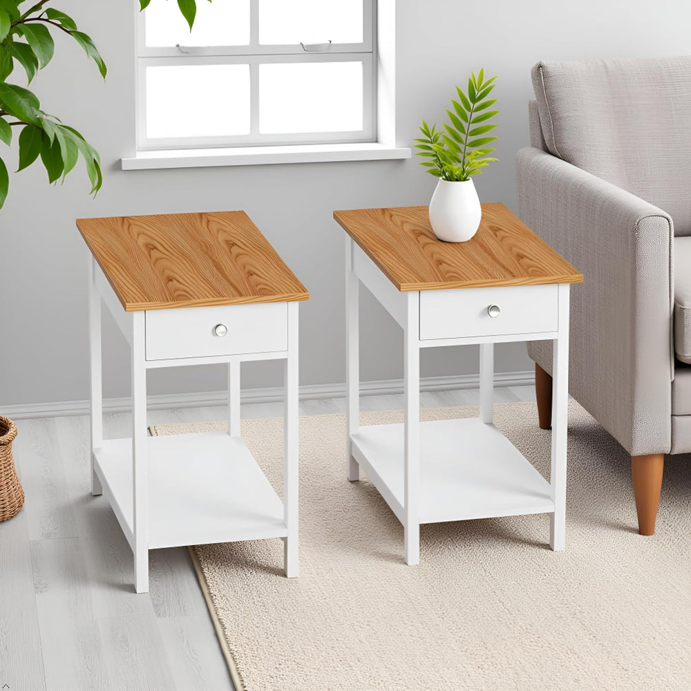 Side Table Set - Small Nightstand Set of 2 with Drawer and Open Storage Shelf...