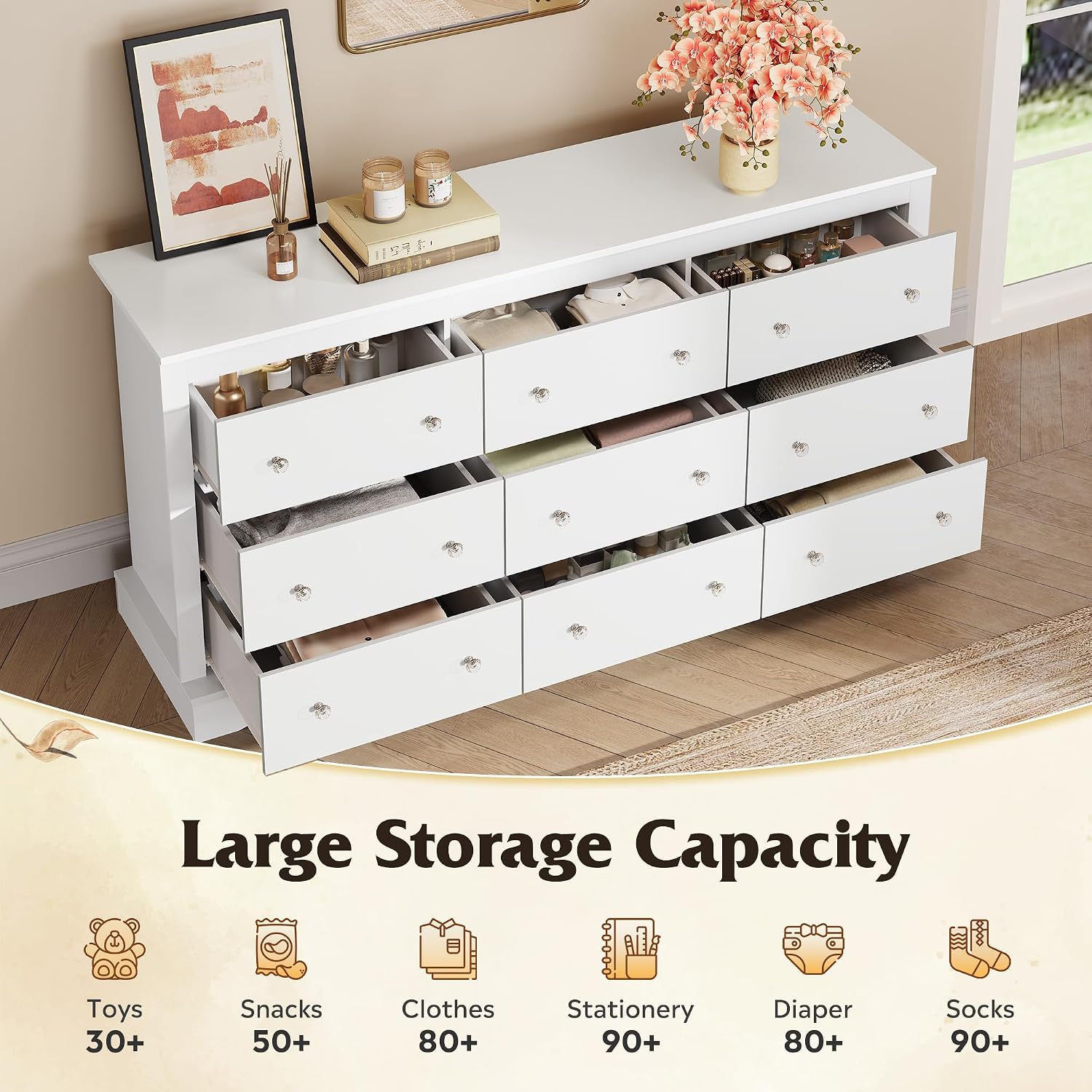 WLIVE 63" Dresser for Bedroom, Modern 9 Drawer Dresser with Exclusive Anti-Tip Structure, Large Wooden Chest of Drawers with Metal Handles for Living Room, Hallway, Closet, Home Furniture, White