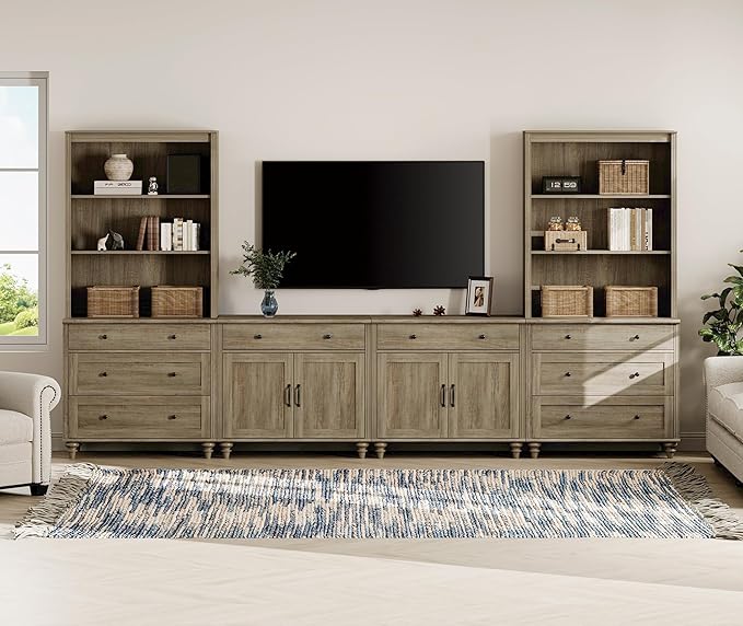 WAMPAT Entertainment Center with Bookshelves for TVs up to 75", Farmhouse Wall Unit TV Stand with Doors & Drawer, Media Console Table for Living Room, Bedroom & Home Theater, Wash Grey