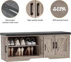 2-Tier Storage Bench, Shoe Bench with Padded Seat Cushion, Entryway Bench with 4 Barn Doors, Adjustable Shelf, 13.8" D x 47.2" W x 17.7" H, for Entryway, Living Room, Bedroom, Greige