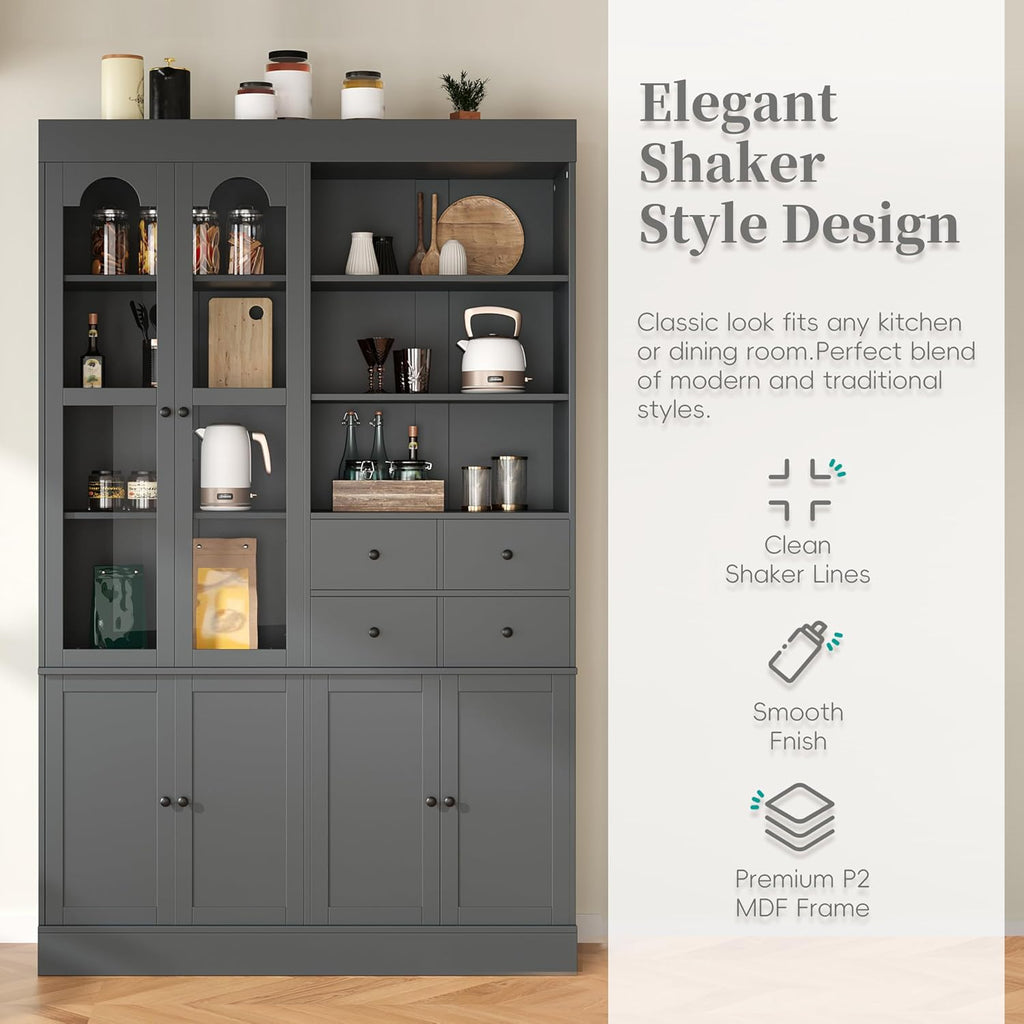 Tall Farmhouse Kitchen Pantry Storage Cabinet，47.2x15.7x75inch Freestanding Buffet with Hutch,Kitchen Pantry Cabinet with 4 Drawers,Door Shelves and Pull-out Trays for Dining room,Living Room,Gray